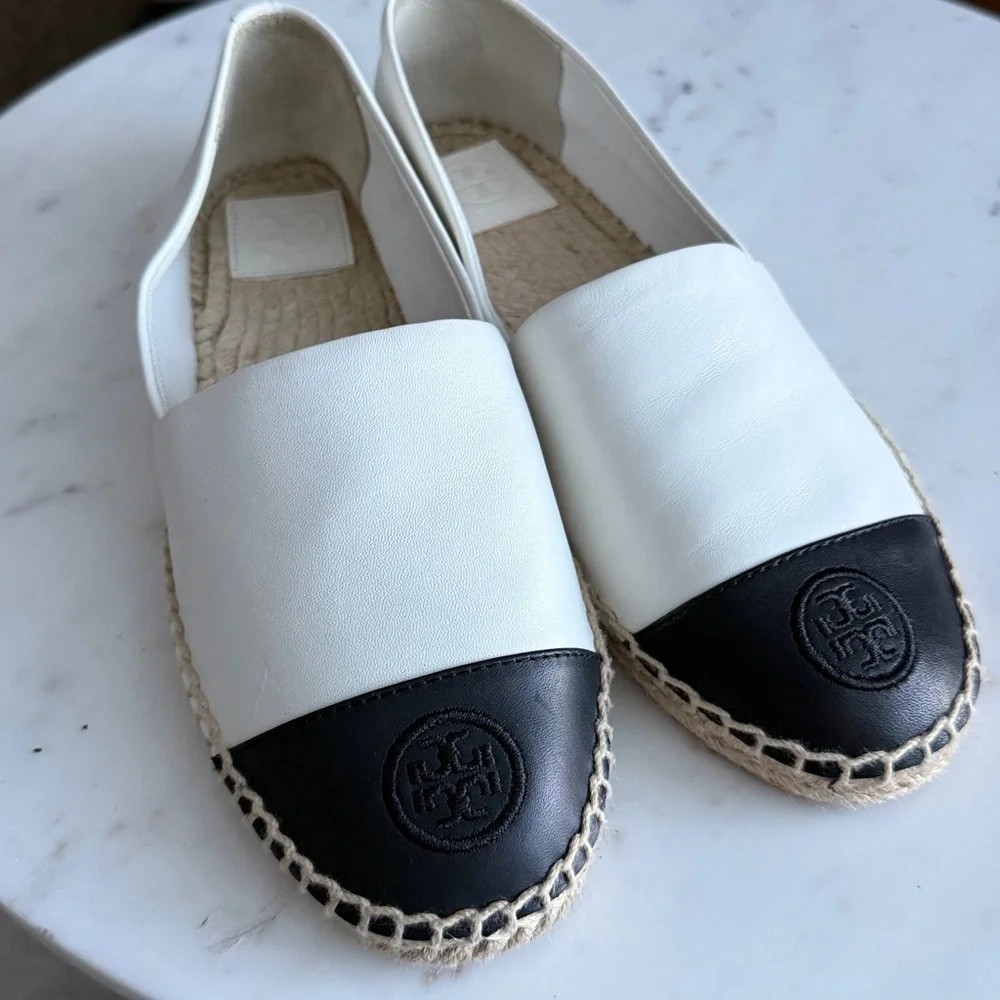 Tory Burch White Leather Espadrilles with Black Toe Cap